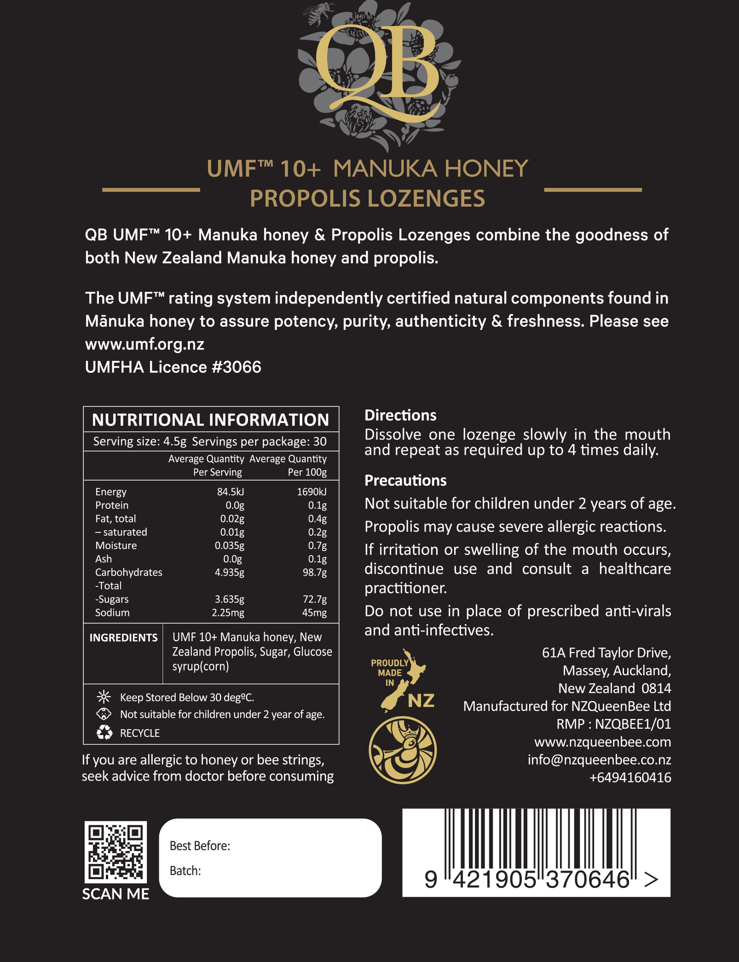 QB Manuka Honey Propolis Lozenges Pouch 135g