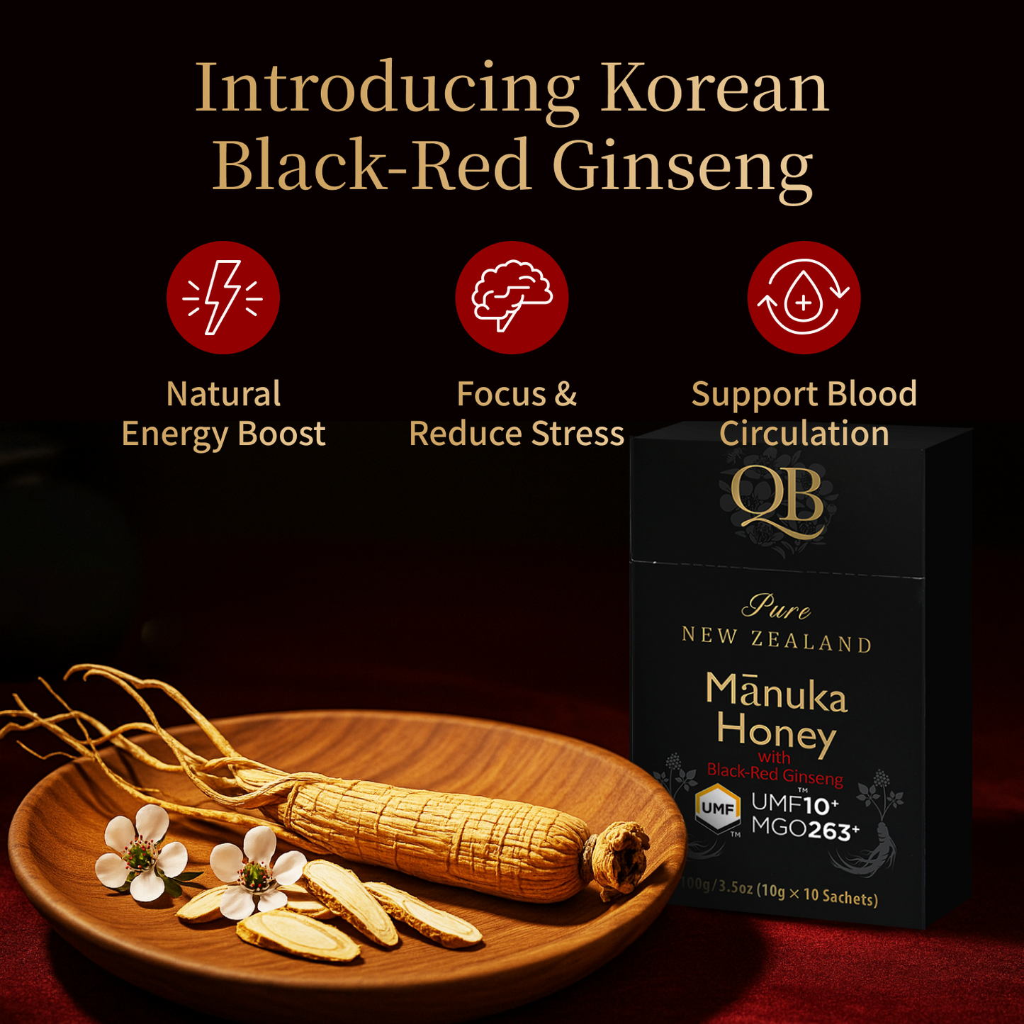 UMF™10+ MGO 263+ QB 마누카 꿀 홍삼 사쳇