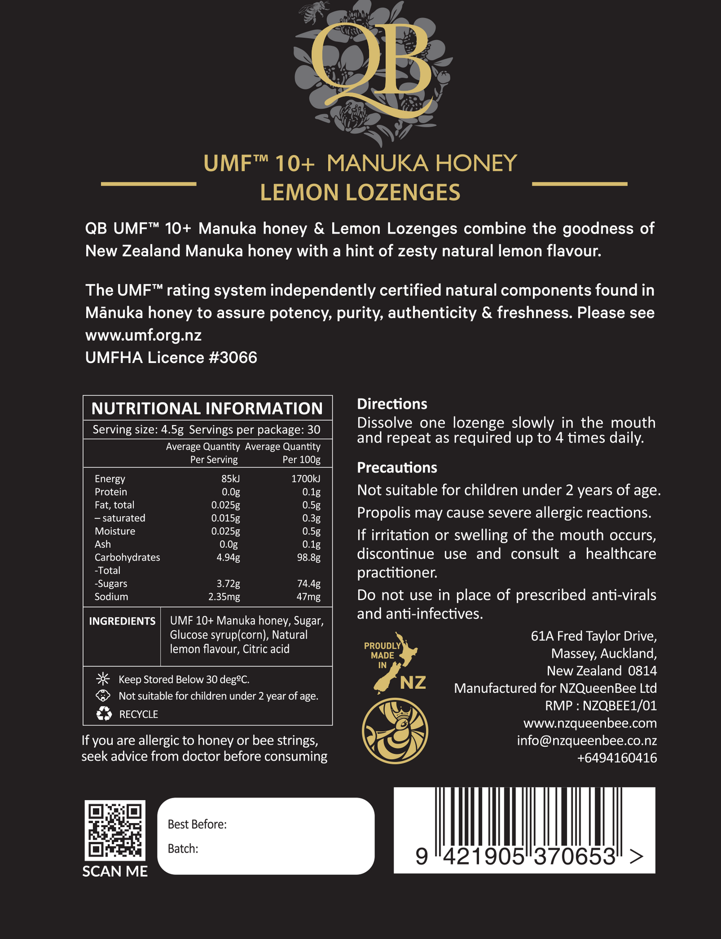 QB 마누카 허니 레몬 로젠지 파우치 135g